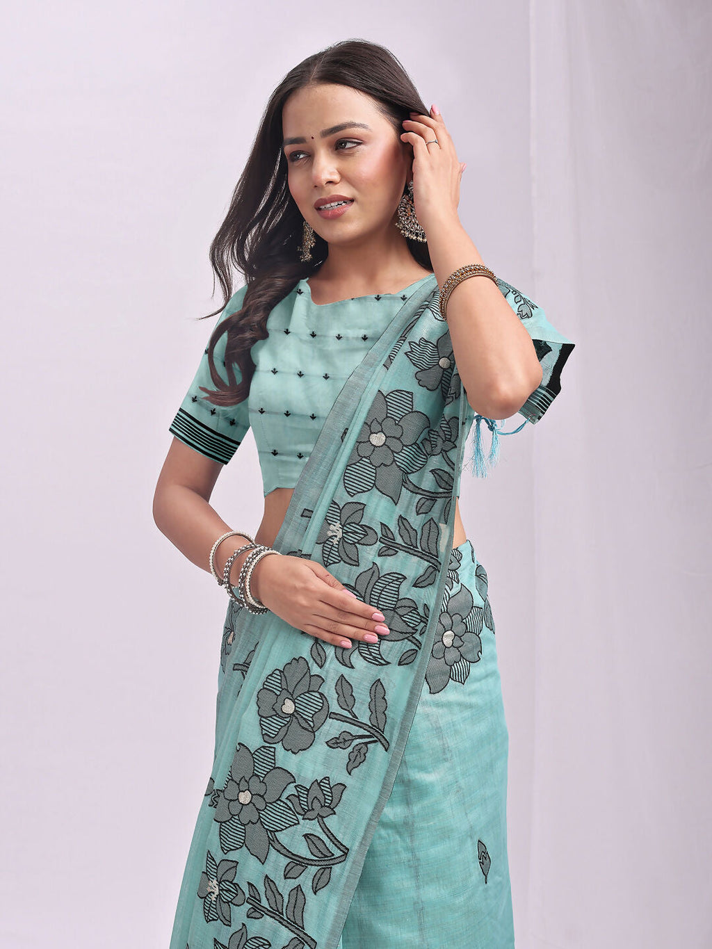 Shree Shyam Fashion Kashira Sea Green Linen Cotton Saree