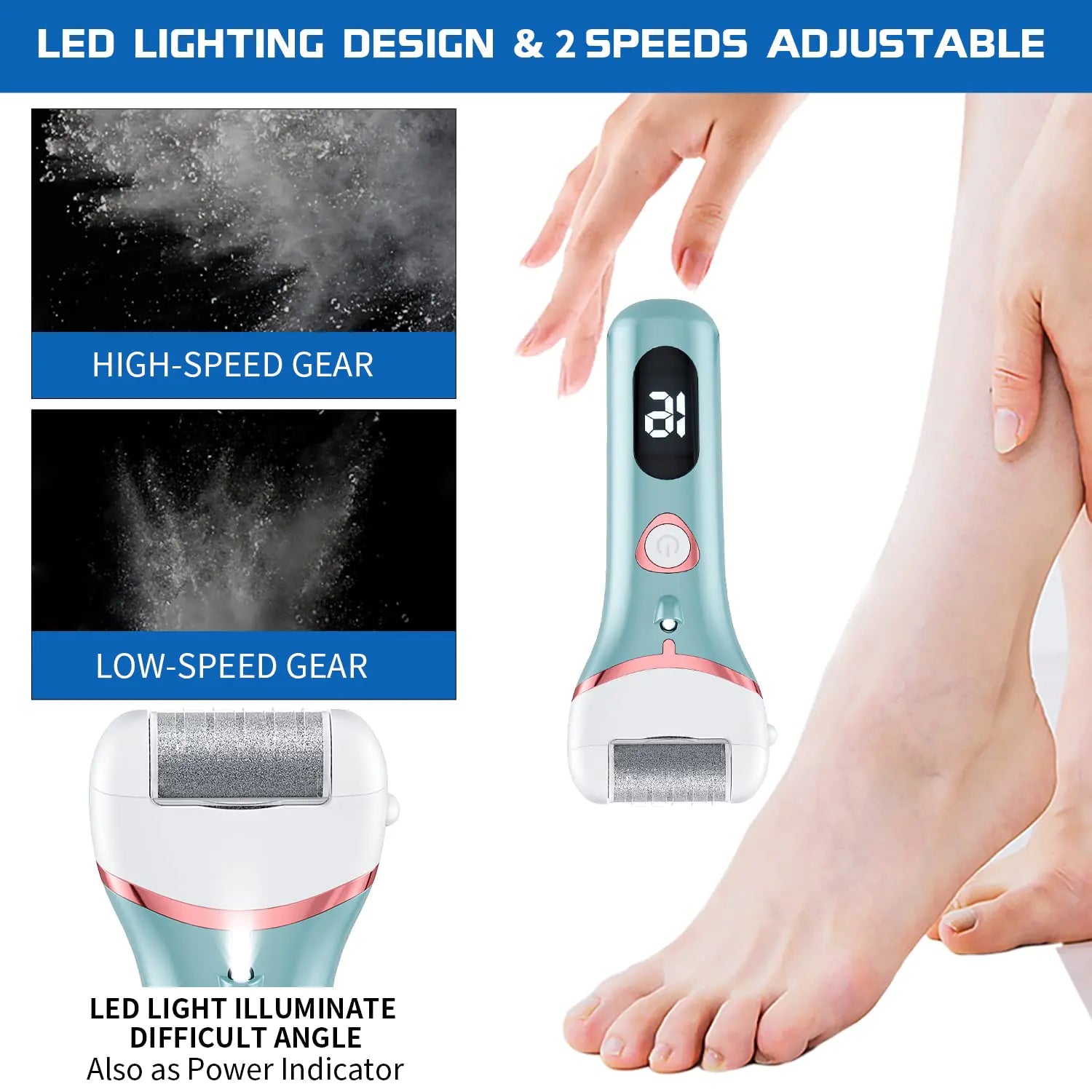 Electric Foot Callus Remover, Rechargeable Portable Electronic Foot File Pedicure Kits, Waterproof Foot Scrubber File, Professional Pedicure Tools, Foot Care for Dead Skin Ideal Gift, 3 Rollers Blue
