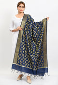 Navy blue Banarasi silk dupatta with intricate floral woven design