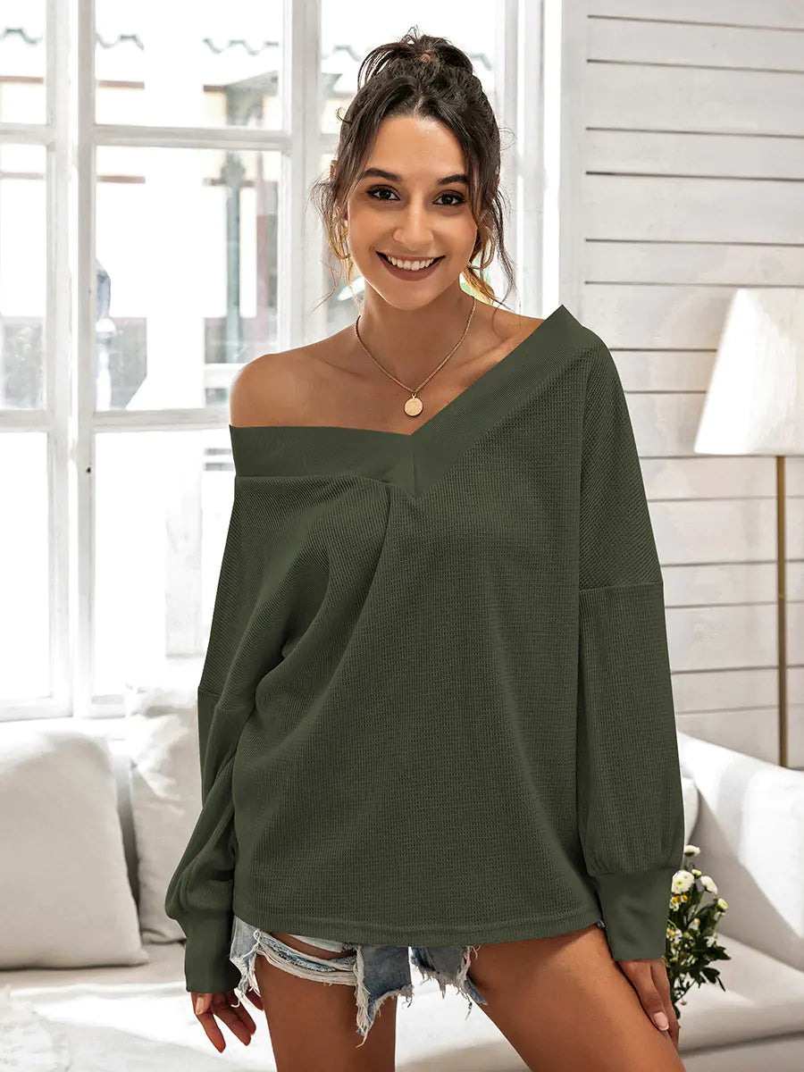 Women's Loose V-Neck Long Sleeve Waffle Knit Pullover Top - Image 9