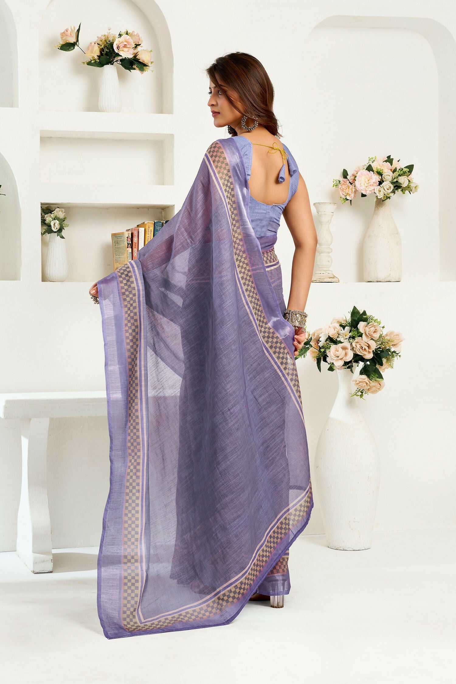 Lavender Striped Linen Ready-to-Wear Saree with Unstitched Blouse