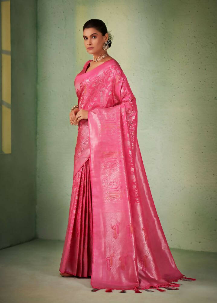 Elegant Pink Kanjivaram Silk saree with traditional weaving work and tassel detailing