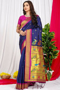 Navy Blue Paithani Silk saree with Zari woven borders and Magenta blouse