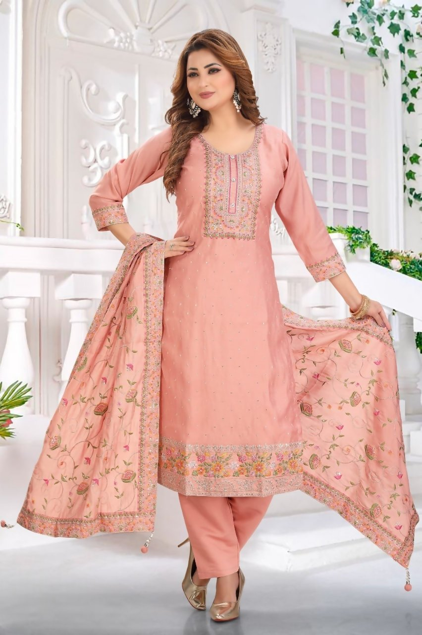 Peach silk 3-piece kurta set with matching dupatta