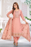 Peach silk 3-piece kurta set with matching dupatta