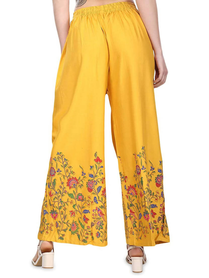 Mustard Floral Design Palazzo Pants - Wide Leg Flowy Trousers