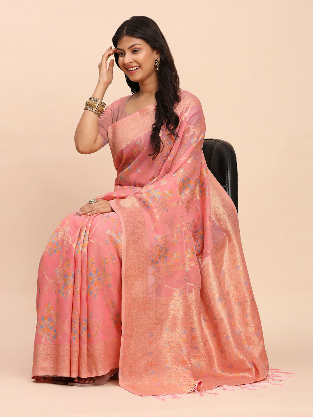 Elegant Peach Linen Cotton Saree with Matching Blouse
