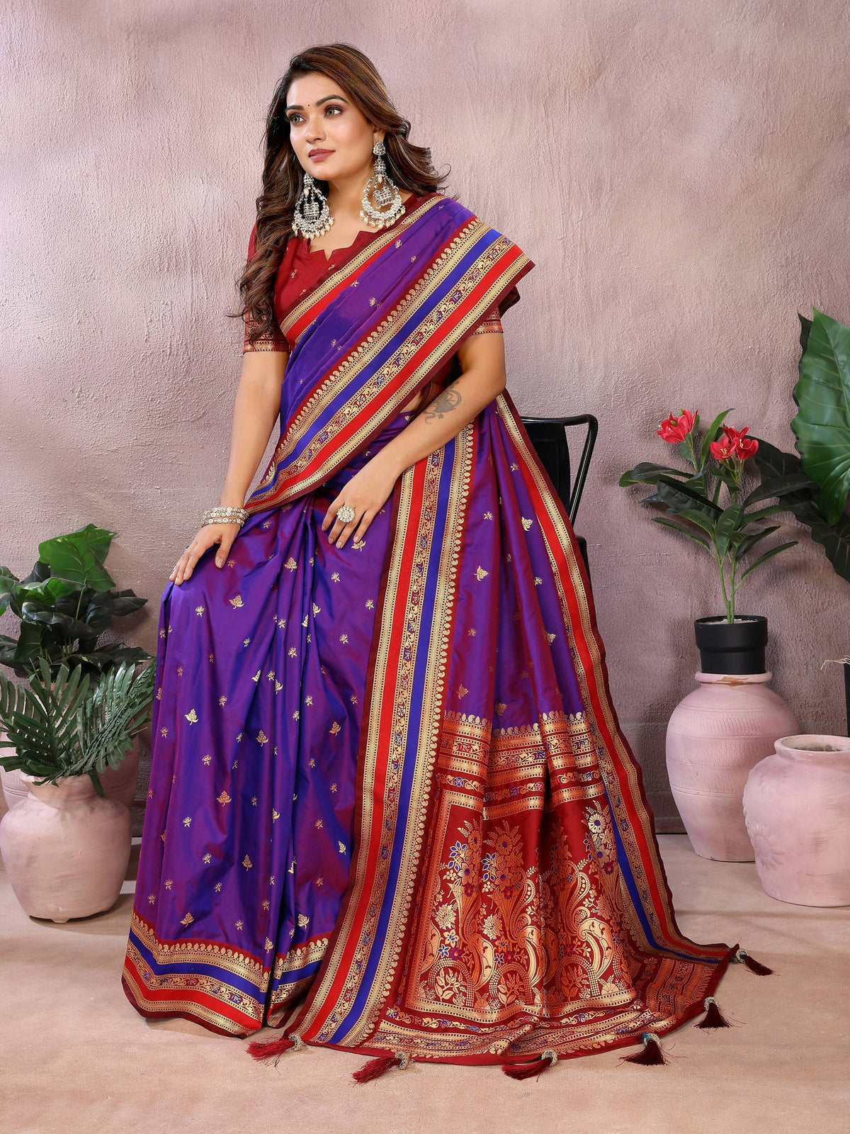 Purple Kalamkari Silk Weaving Saree for Ethnic Elegance