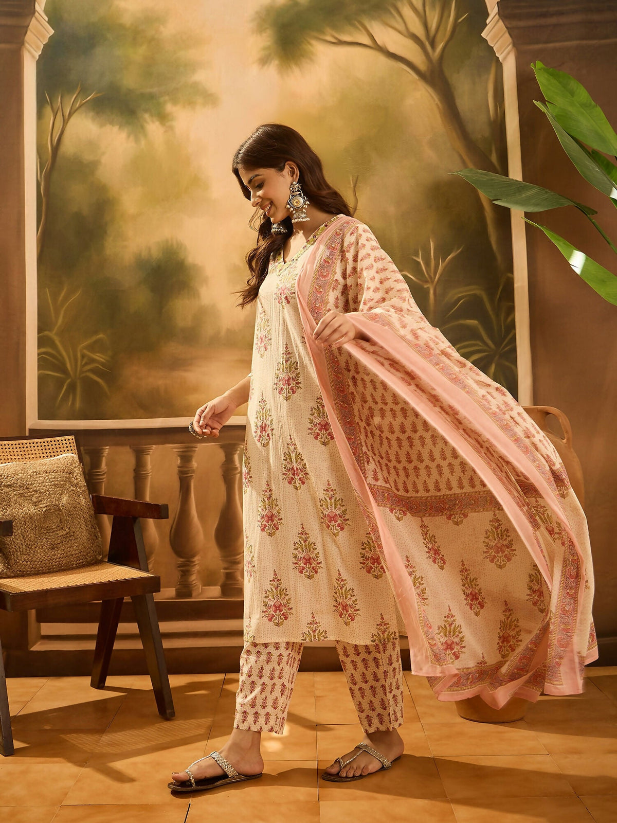 Printed Cream Pure Cotton Kurta Set with 3/4 Sleeves