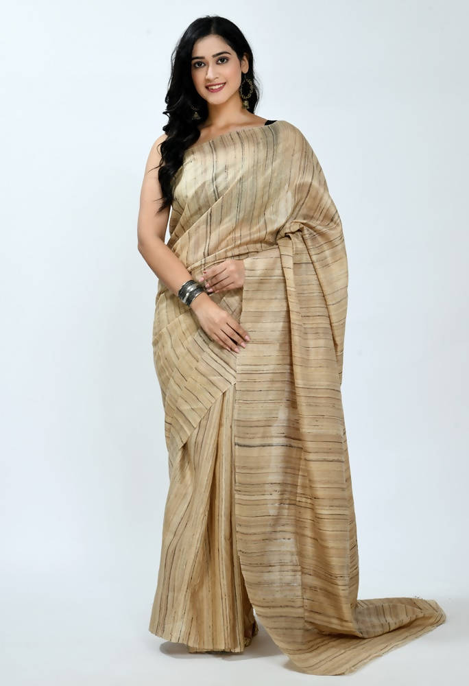 Mominos Fashion metallic golden silk saree with dark brown horizontal striped patterns