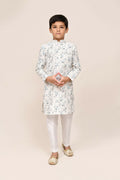 White cotton kurta with detailed thread work and straight fit art silk pants