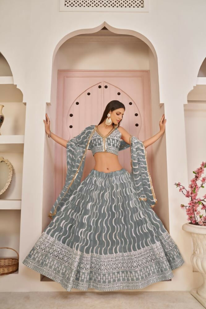 Gray Butterfly Net Wedding Lehenga Choli with Zari & Thread Work