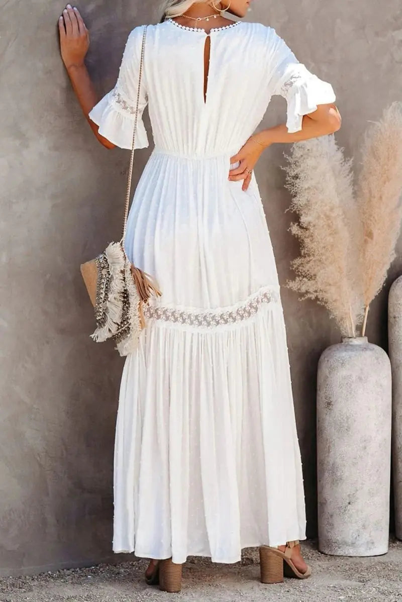 Women's White V-Neck Lace Maxi Dress with Flutter Sleeves - Image 9