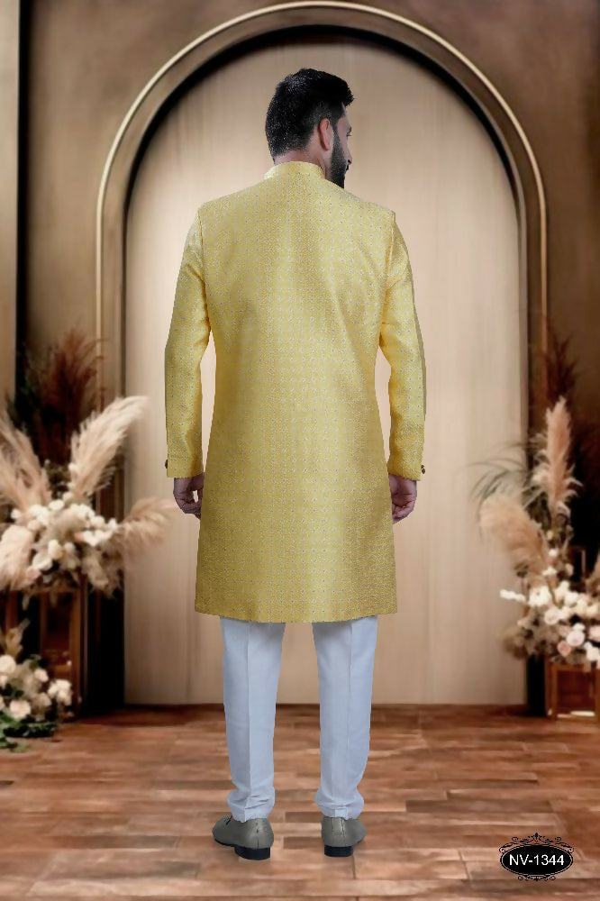 Boys Yellow Brocade Indo-Western Kurta with White Pyjama Set