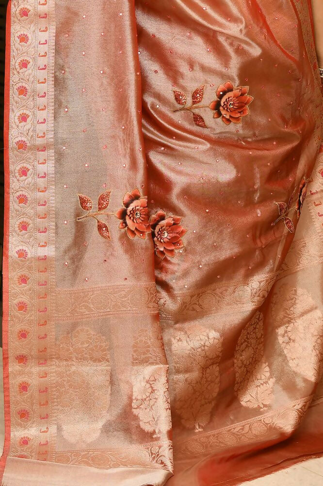 Joban Fashion Orange Saree Tissue Applick With Mirror