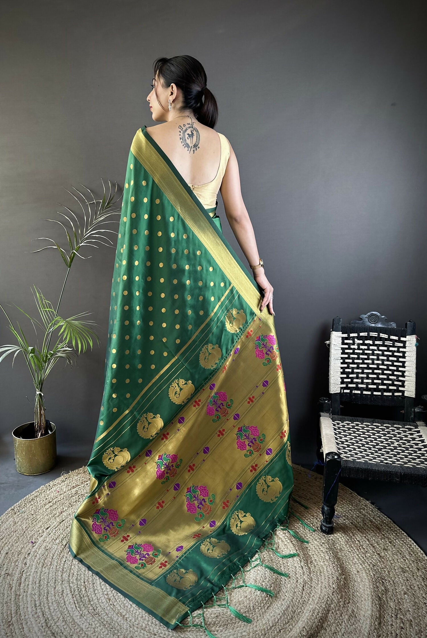 Green Polka Dot Lichi Silk Paithani Saree with Matching Blouse