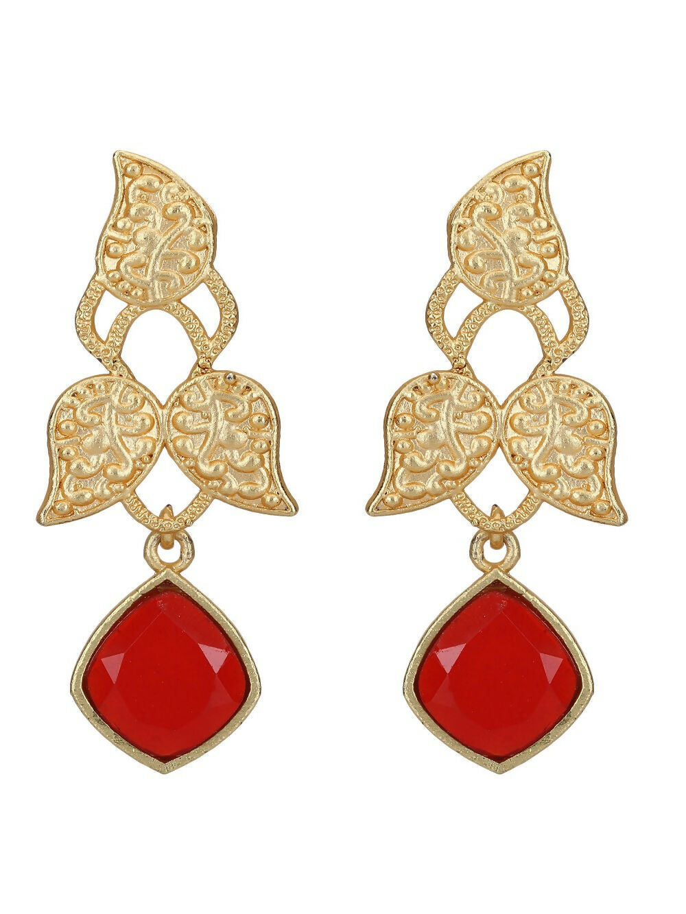 Red Stone Matte Gold Drop Earrings for Ethnic Occasions