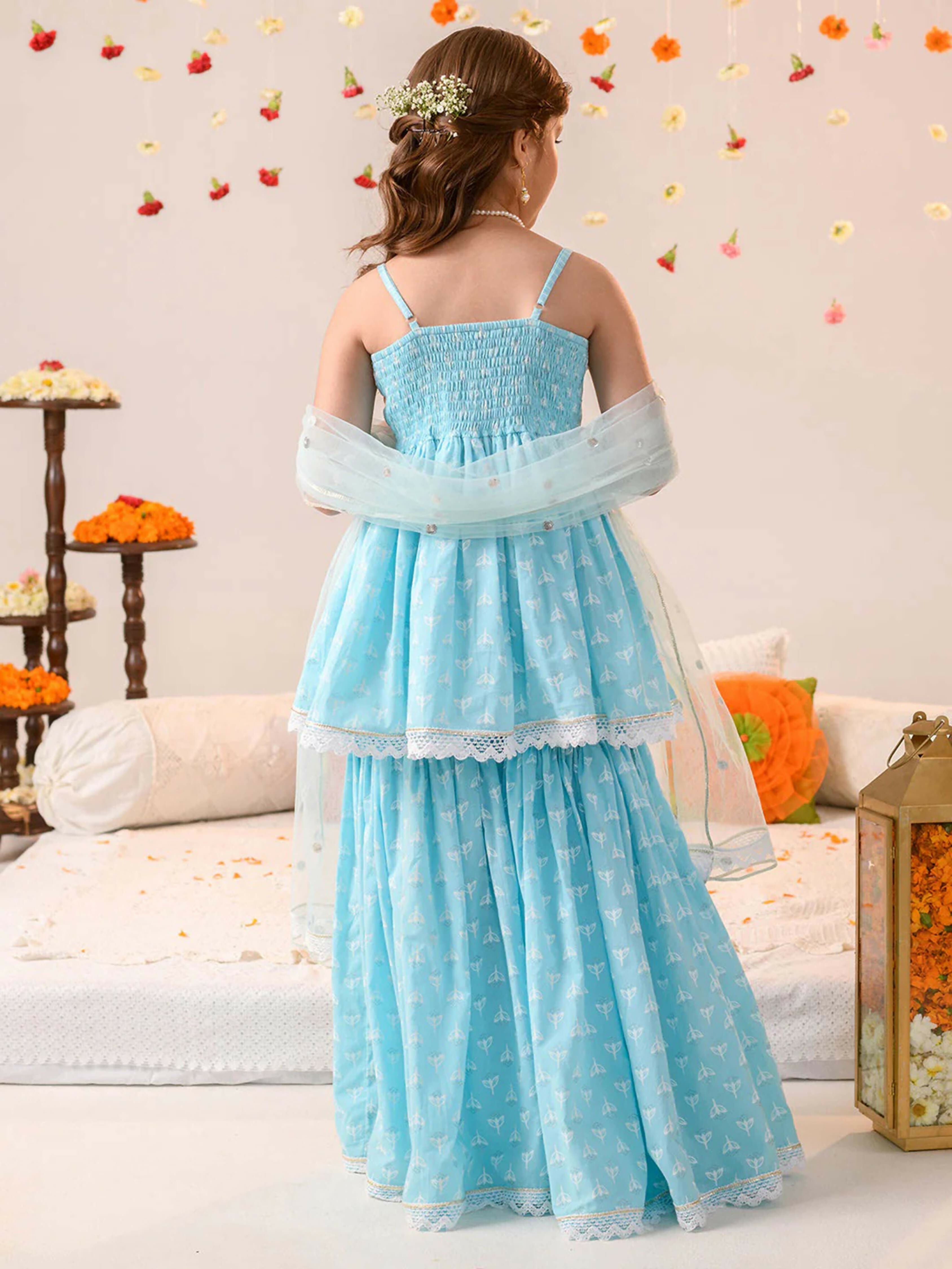 Girl's Sky Blue Lehenga Choli Set - Lightweight Pure Cotton Ethnic Wear