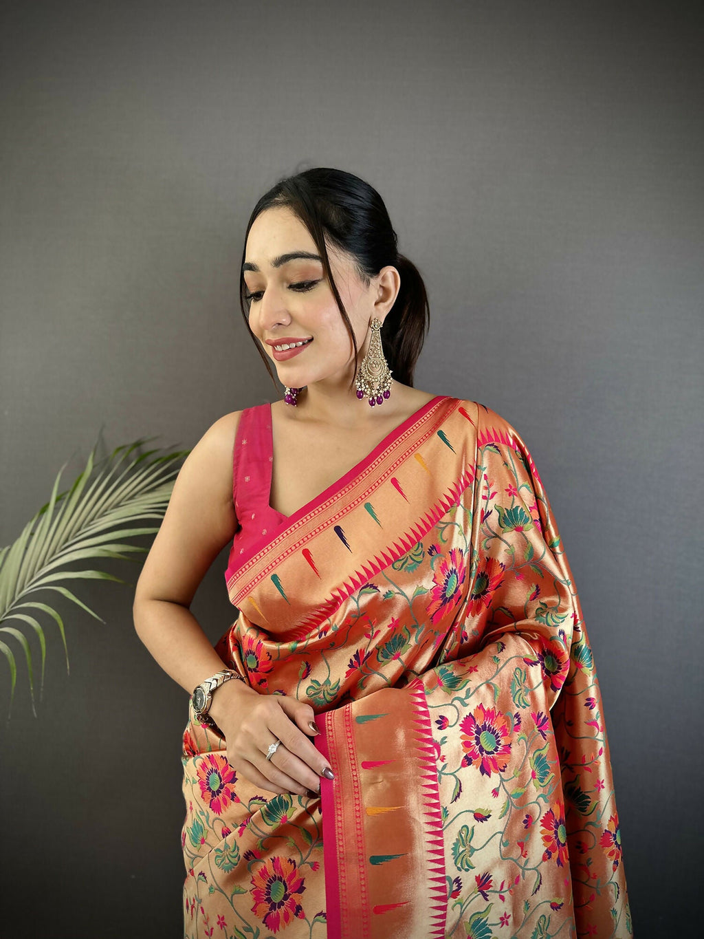 Rani Pink Floral Vine Pattern Soft Silk Paithani Saree