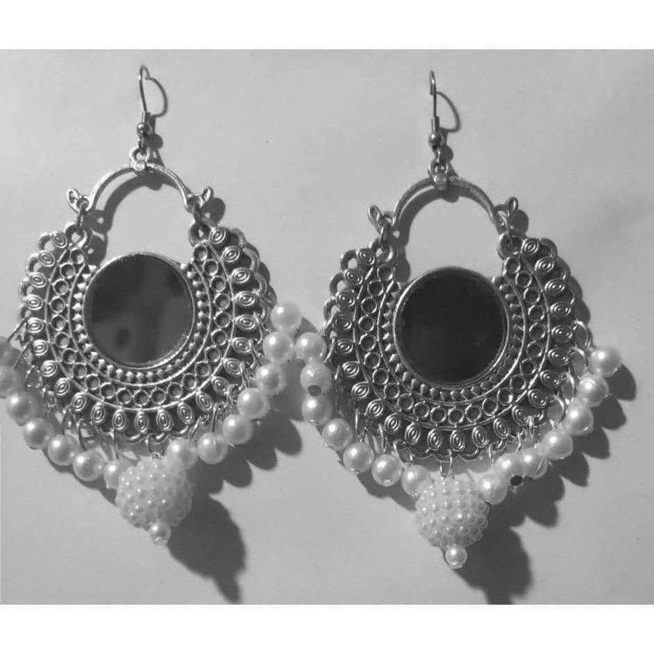 Half moon style oxidized silver earrings with white pearls