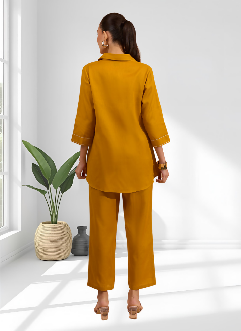 Mustard Cotton Linen Embroidered Cord Set - Festive Readymade Outfit