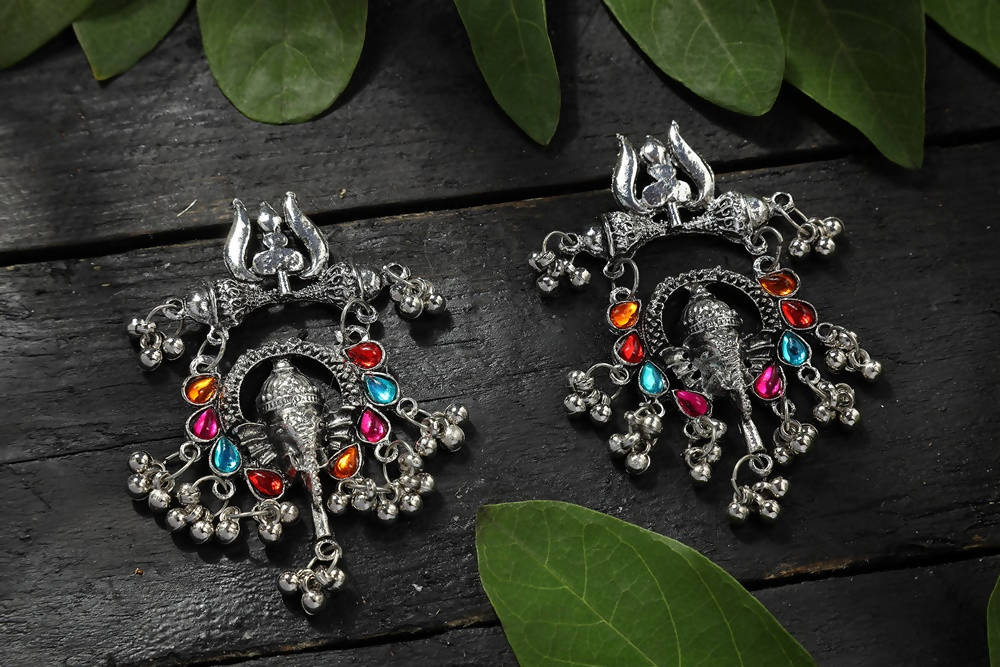 Traditional Ganesha design earrings with multi-colored Kundan stones and silver finish