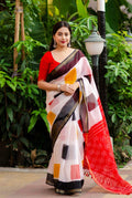 White polycotton saree with ikkat print and zari border