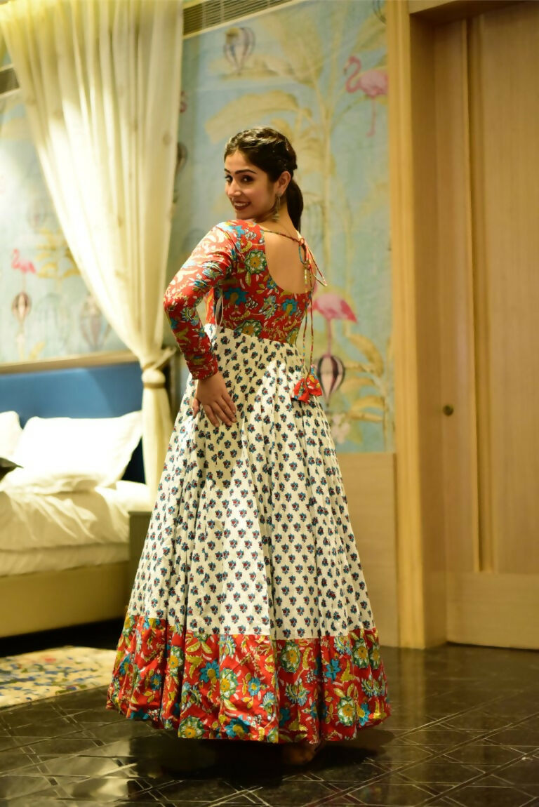 Off White Cotton Silk Anarkali with Heavy Digital Floral Print