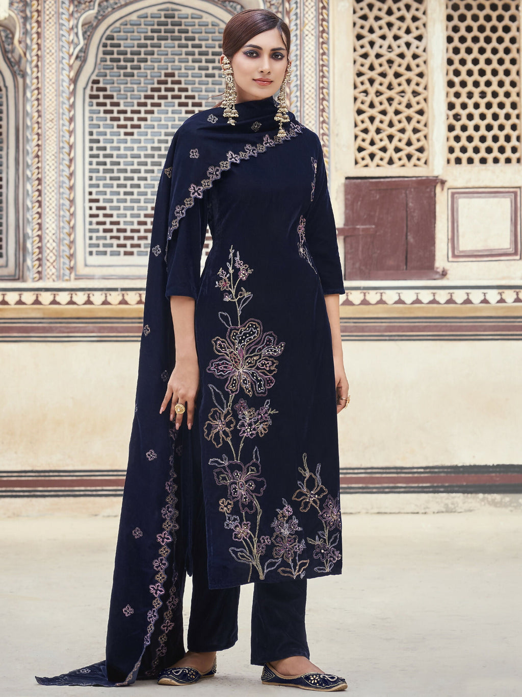 Navy Blue Velvet Straight Kurta Set with Resham Thread & Sequin