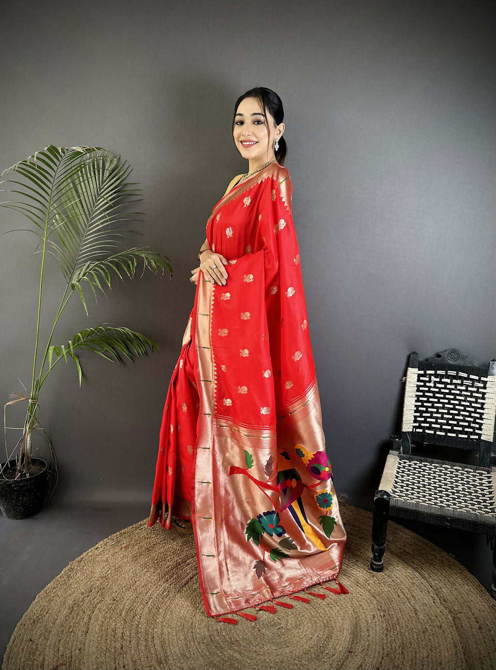 Red Peacock & Floral Motif Soft Silk Kanchipuram Saree
