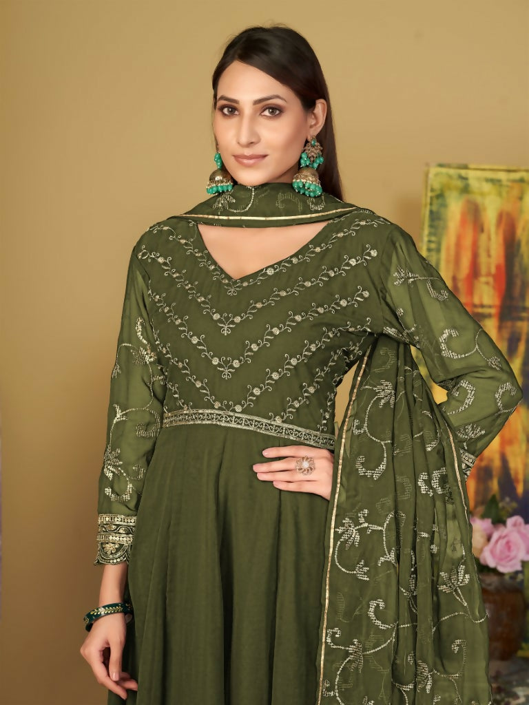 Women's Olive Green Georgette Embroidered Anarkali Kurta Pant Set