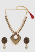 Joharkamal oxidised gold-polished long necklace with pearl accents for women and girls