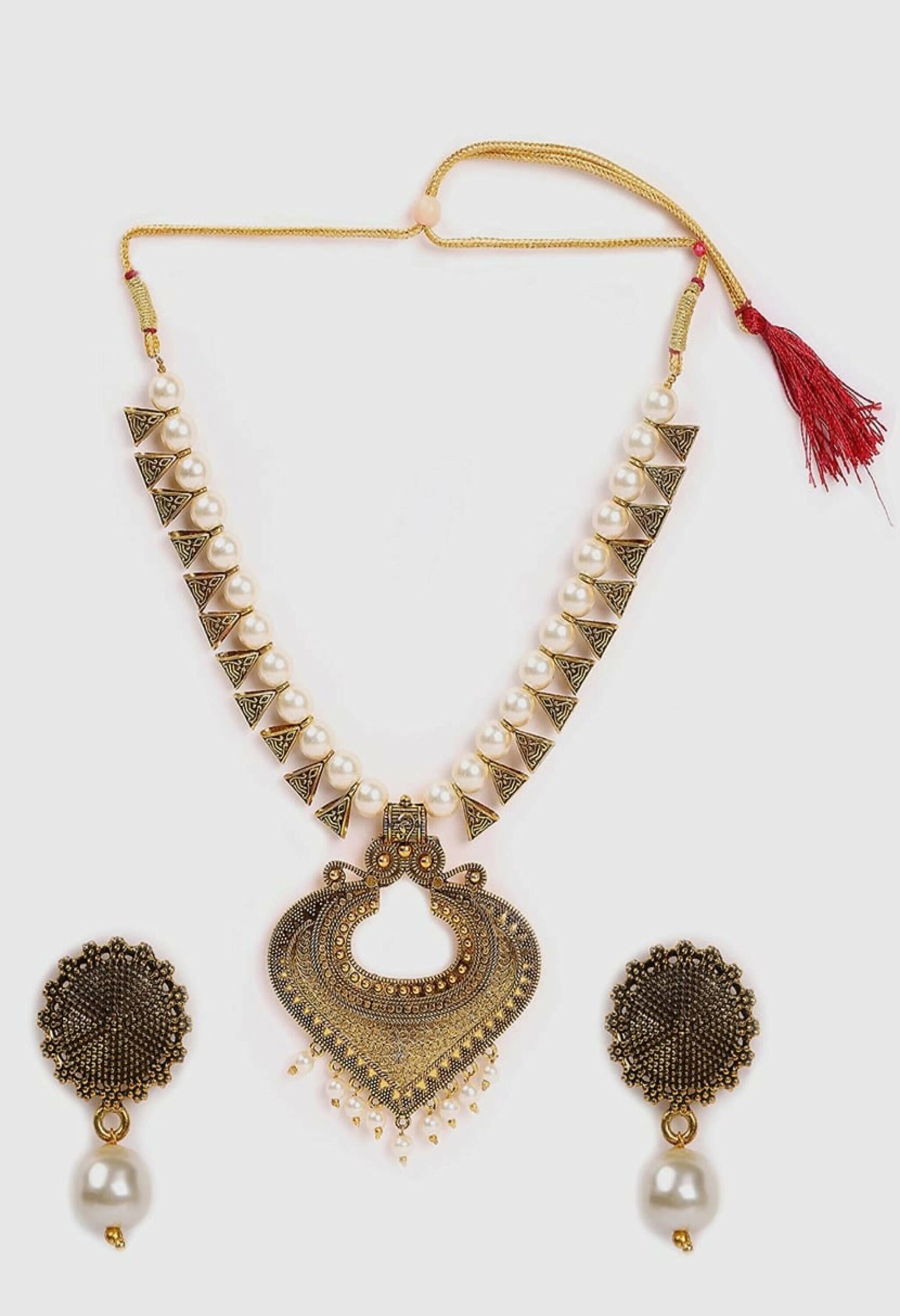 Joharkamal oxidised gold-polished long necklace with pearl accents for women and girls