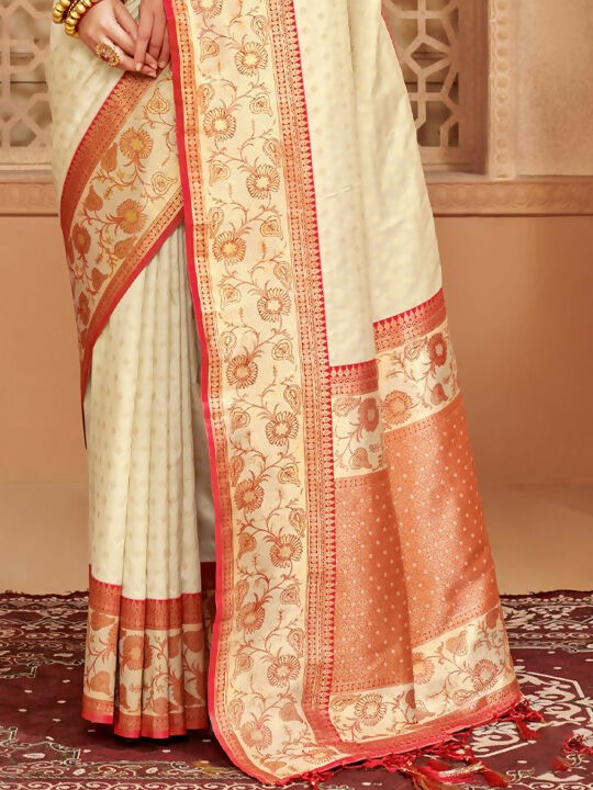 Off White Silk Blend Saree with Contrast Pink Blouse