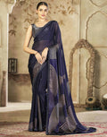 Navy blue satin organza saree with printed patterns and sparkling Swarovski stone work lace border
