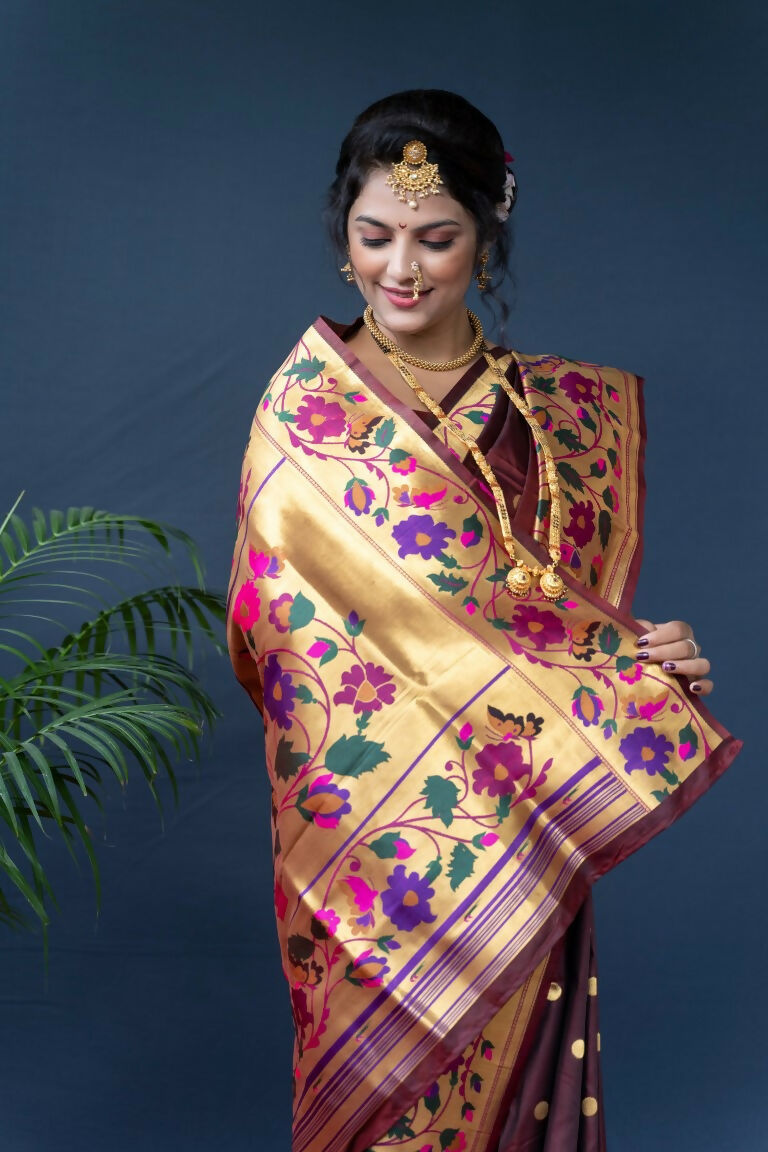 Brown Paithani Silk Saree with Zari Woven Details and Blouse
