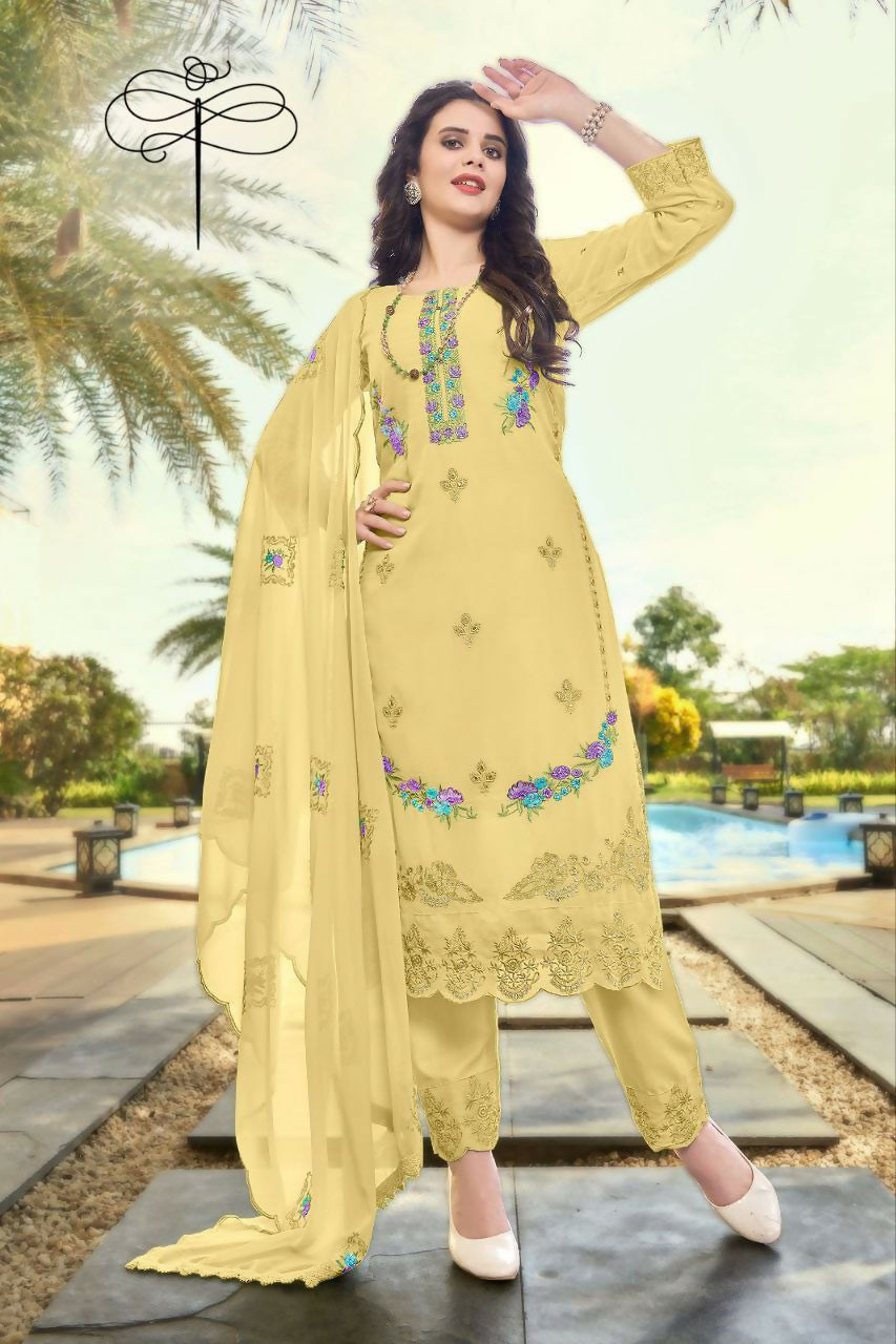 Light Yellow Faux Georgette Kurta Set with heavy embroidery and pearl work