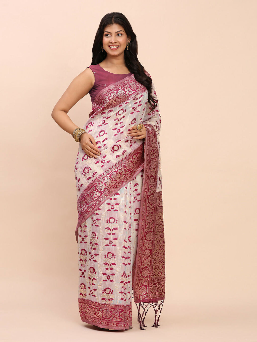 Purple Linen Cotton Saree with Matching Blouse