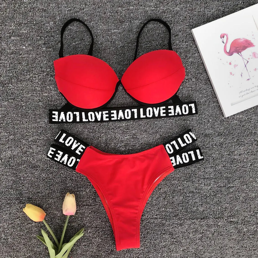 Women's Letter Print Bikini Swimsuit Set with Padded Top - Image 7