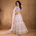 Baby pink silk lehenga choli with detailed 3mm sequins and gold Jari embroidery for festive wear.