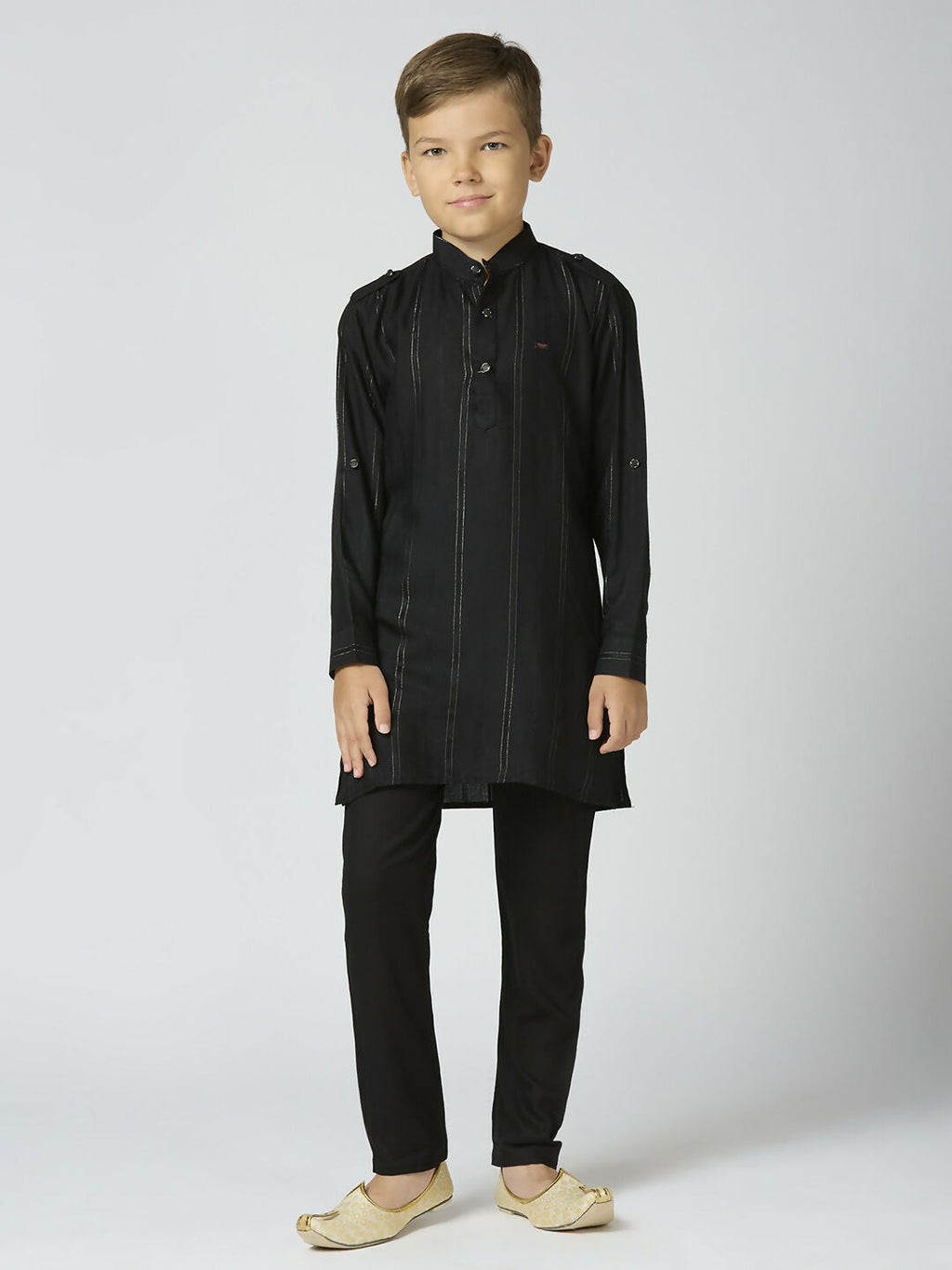 Boys Black Cotton Kurta and Pyjama Set with Striped Details