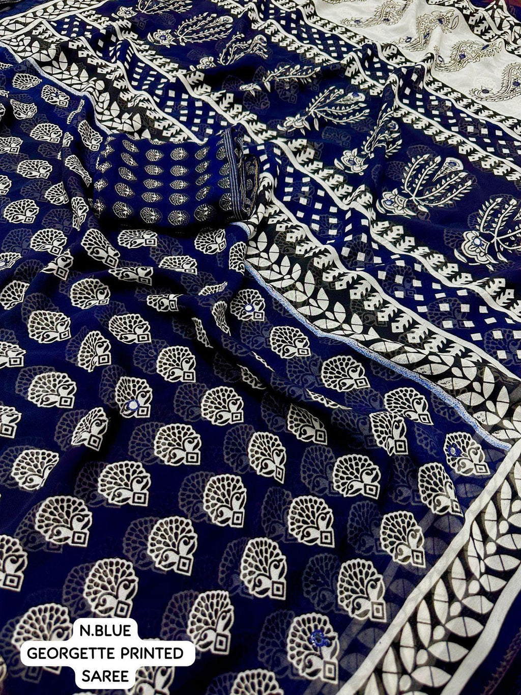 Navy Blue Poly Georgette Ajrak Saree with Mirror Detailing