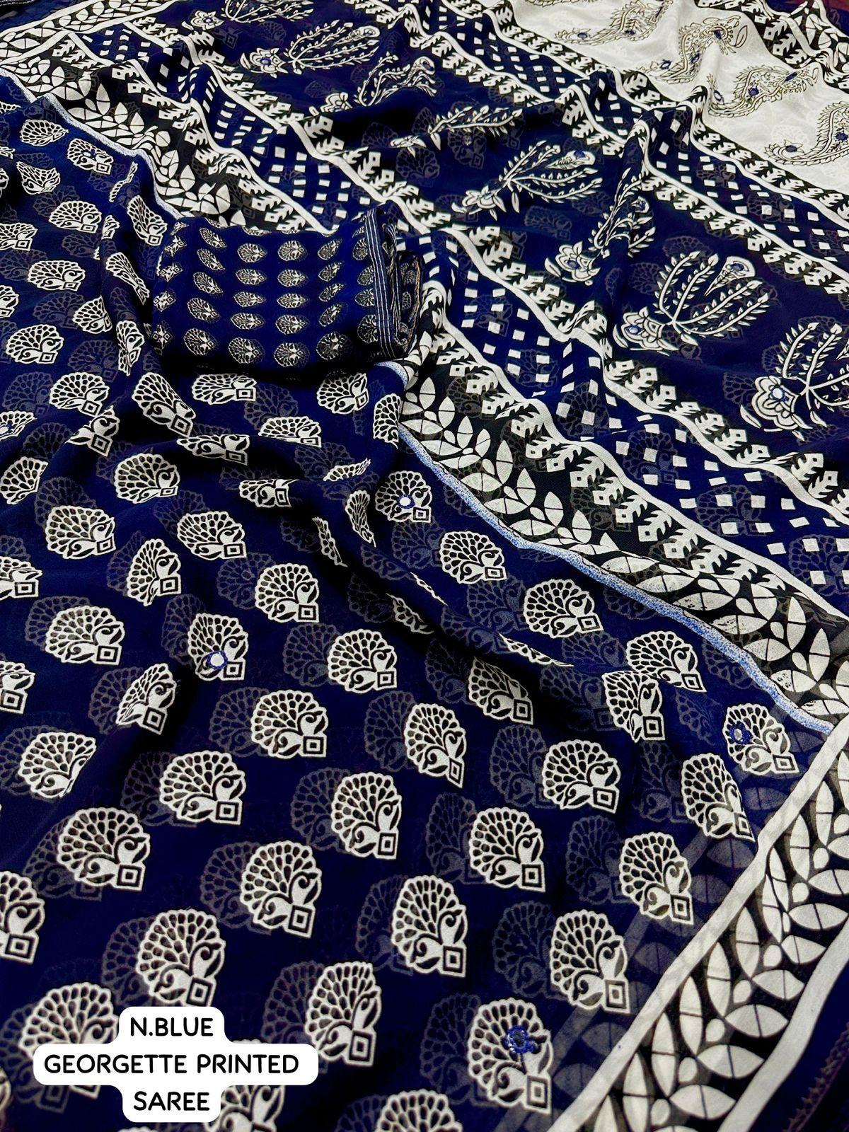 Navy Blue Poly Georgette Ajrak Saree with Mirror Detailing