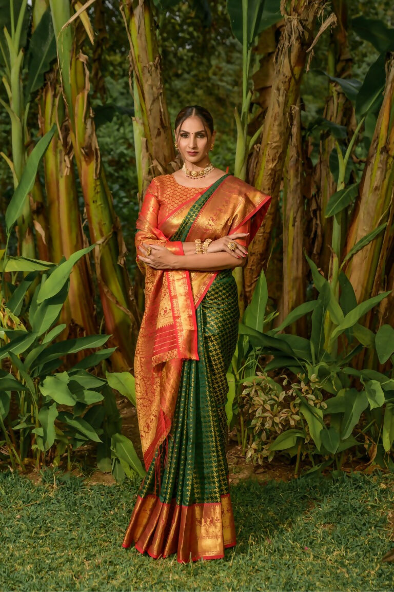 Bottle Green Kanjivaram Silk Saree with Red Blouse Piece