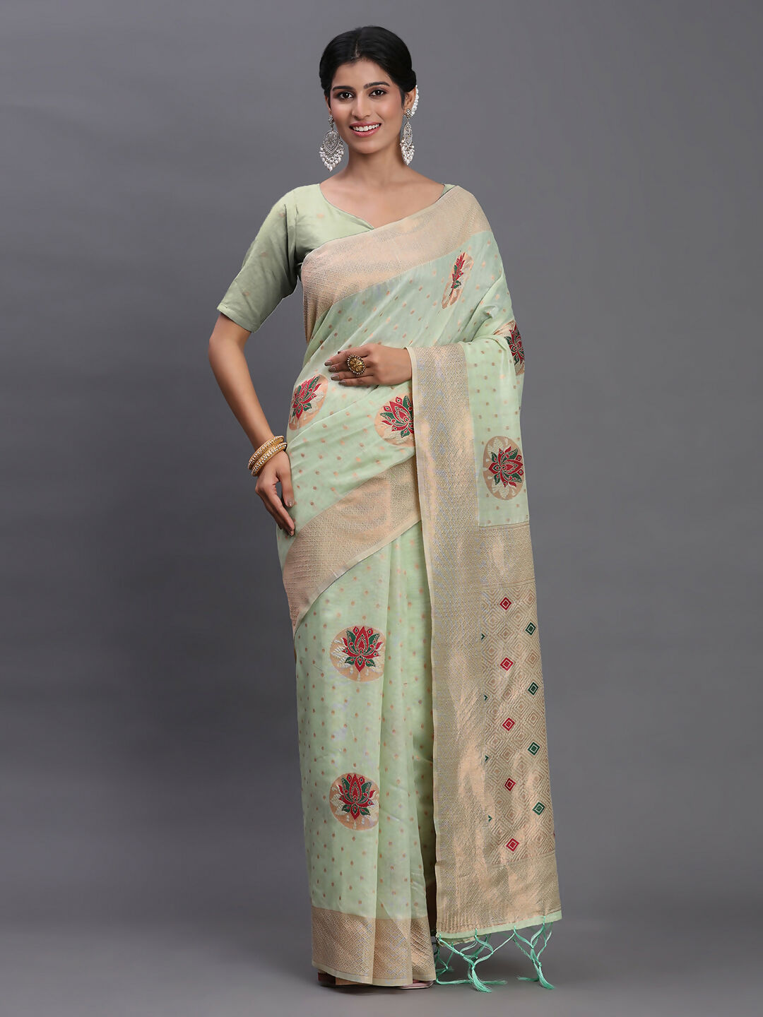 Casual light green linen cotton saree with matching blouse