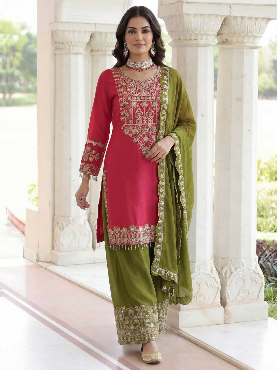 Pink Silk Embroidered Sharara Set with Stitched Kurti