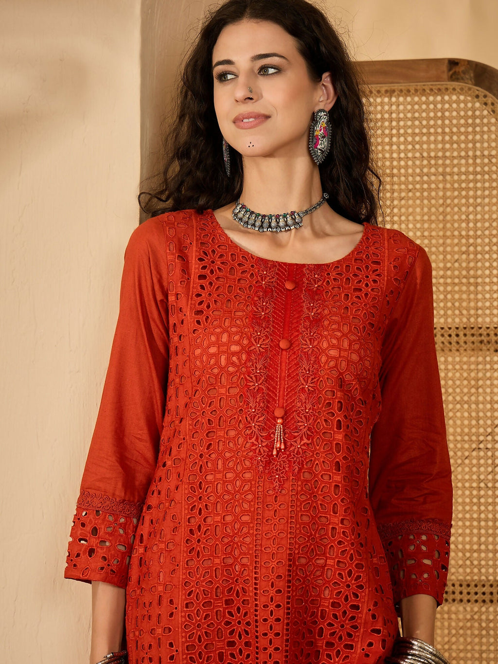 Rust Pure Cotton Embroidered Co-ord Set for Women
