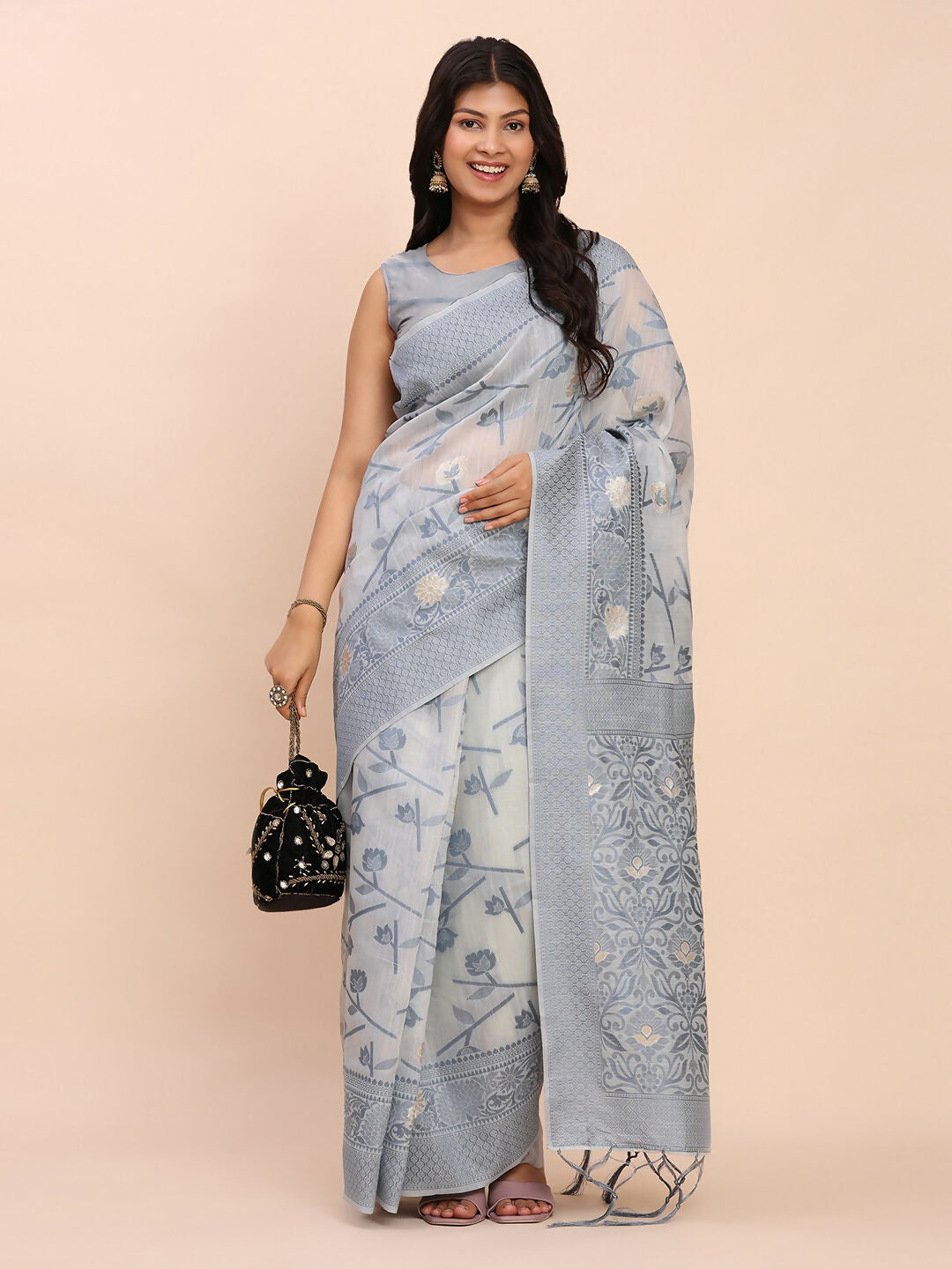 Grey Linen Cotton Saree with Matching Blouse Piece