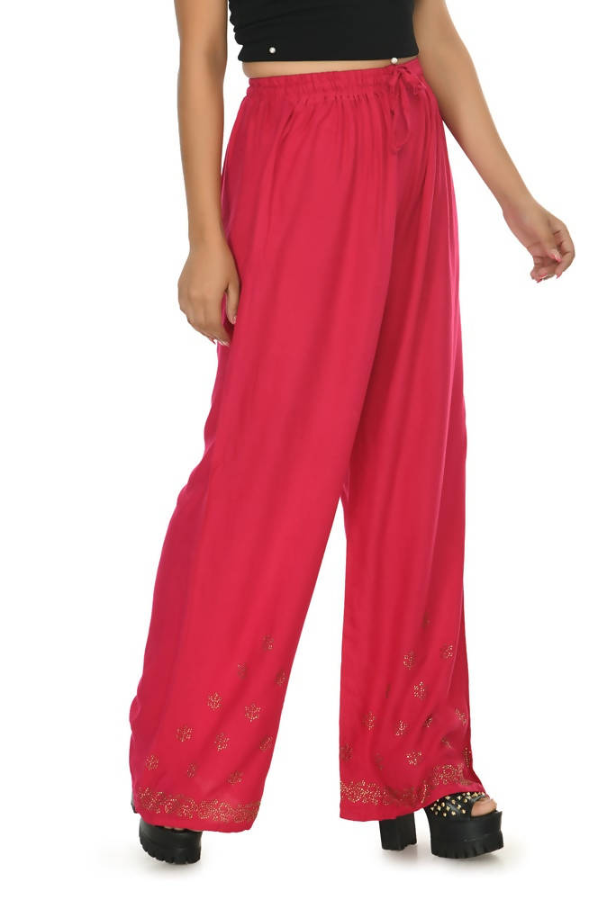 Red rayon cotton palazzo pants with detailed Sirsoki embroidery