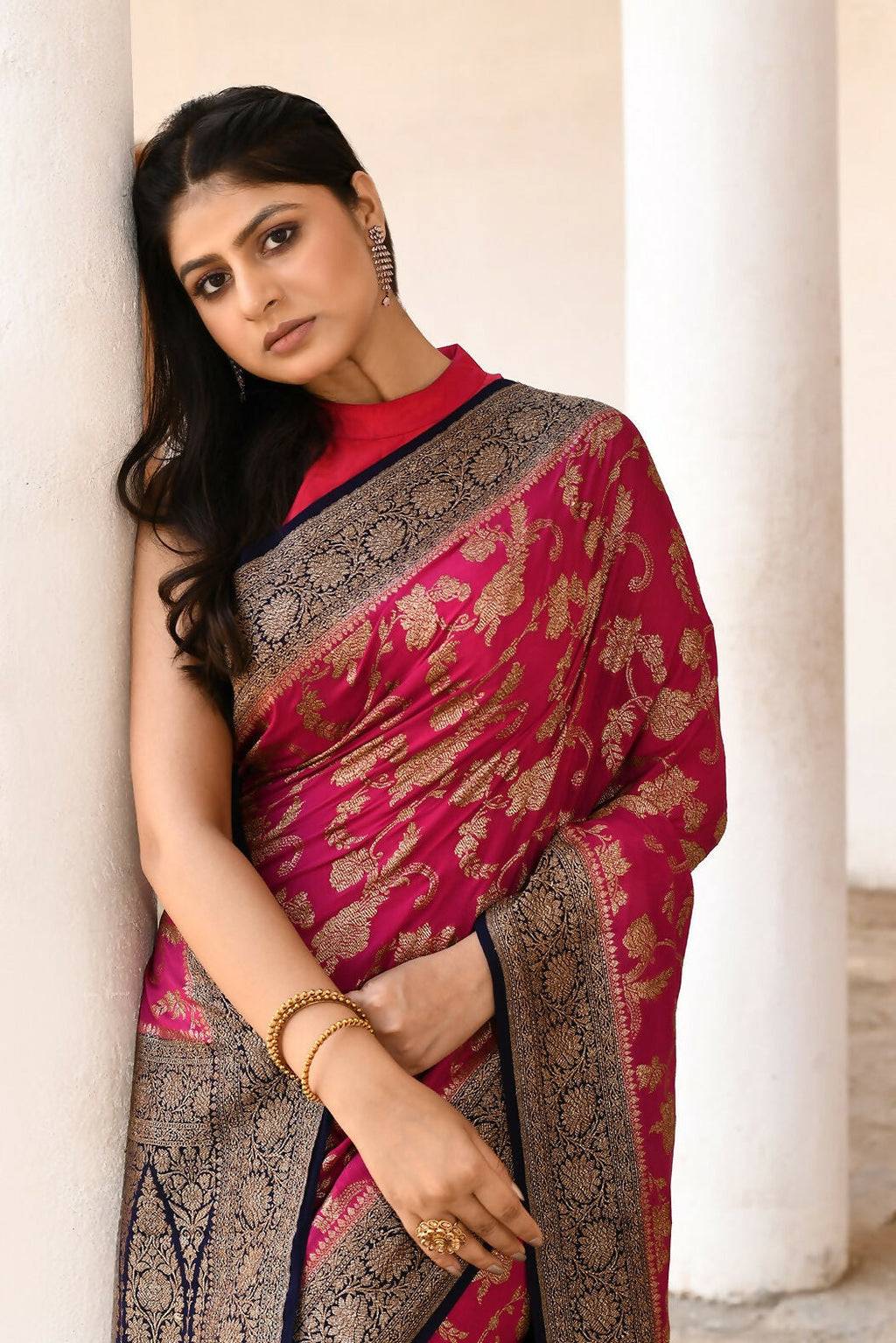 Hot Pink Crepe Chiffon Pure Handloom Banarasi Silk Saree